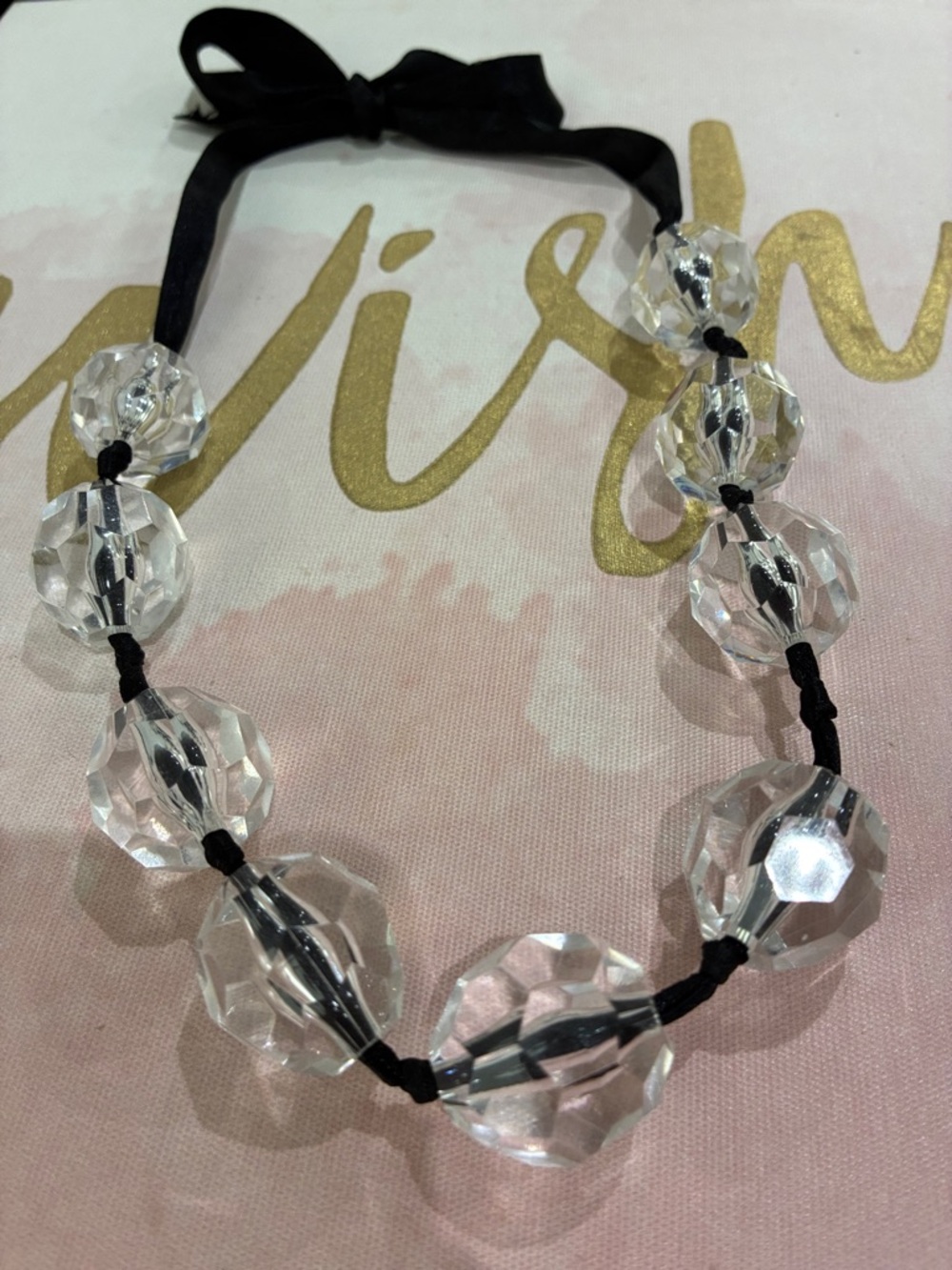 Crystal Like Bead Ribbon Necklace - Clear